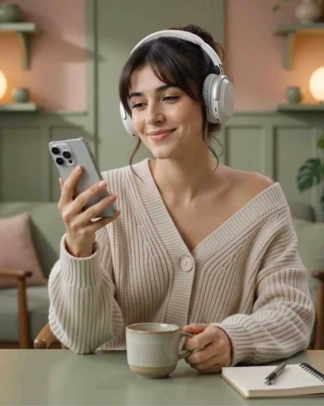 Kulaklıkla Talk Hero sesli antrenmanı yapan gülümseyen öğrenci
